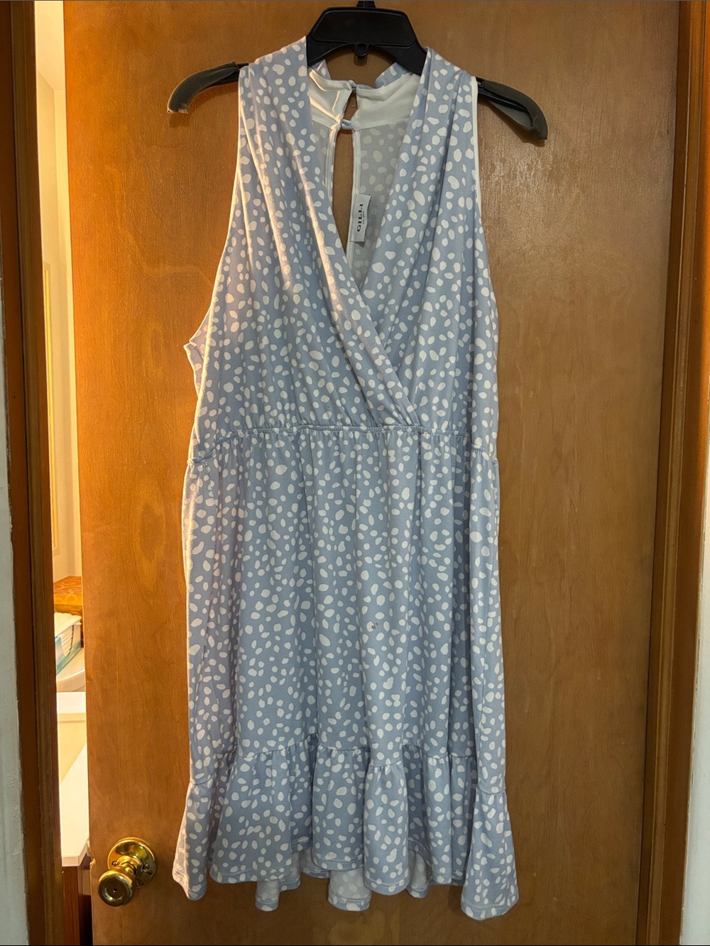 Gilli Light Blue and White Polka Dot Wrap-Style Sleeveless Dress